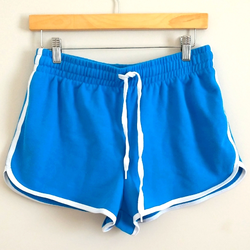 Honey Peach Blue And White Women's Athletic Shorts. Elastic Waistband Size L